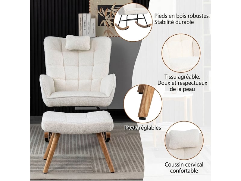  Fauteuil à bascule blanc avec repose-pieds et coussin, tissu bouclette, cadre en bois d'hévéa, assise 65 cm  - Conforama R