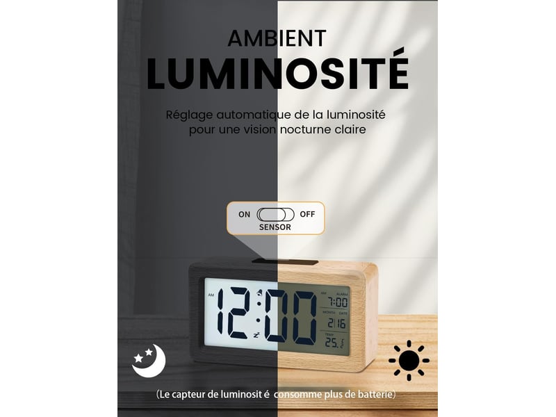  Sveglia digitale in legno, orologio digitale lcd | silenziosa (sans ticchettio), avec visualisation des données, température et fonction snooze  - Conforama D