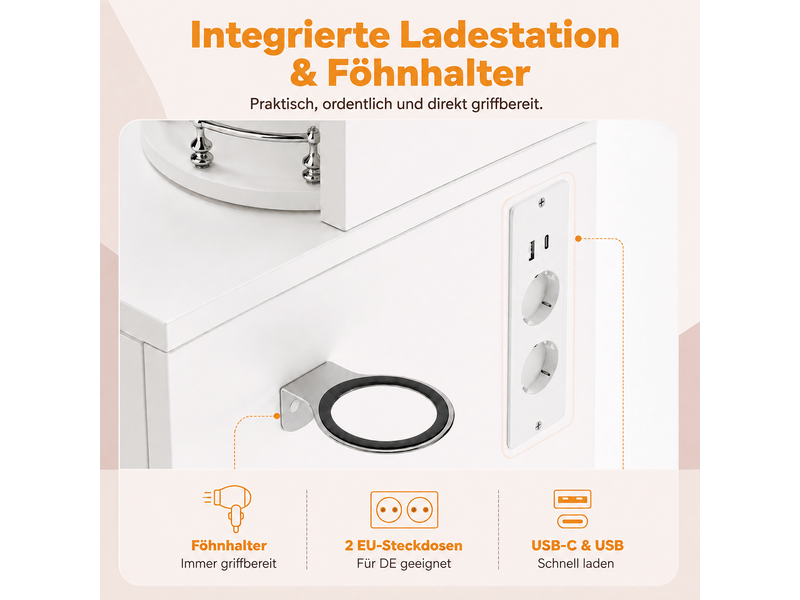 Coiffeuse avec 3 tiroirs, 2 portes, miroir led dimmable, organiseur de bijoux rotatif et usb-c, blanc, 115x141x40 cm  - Conforama E