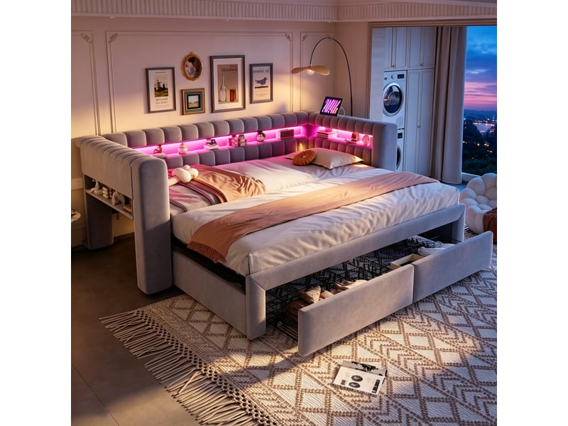  Canapé-lit convertible 90/180x190 cm avec rangements, led et ports usb-c, velours gris clair, sans matelas  - Conforama W