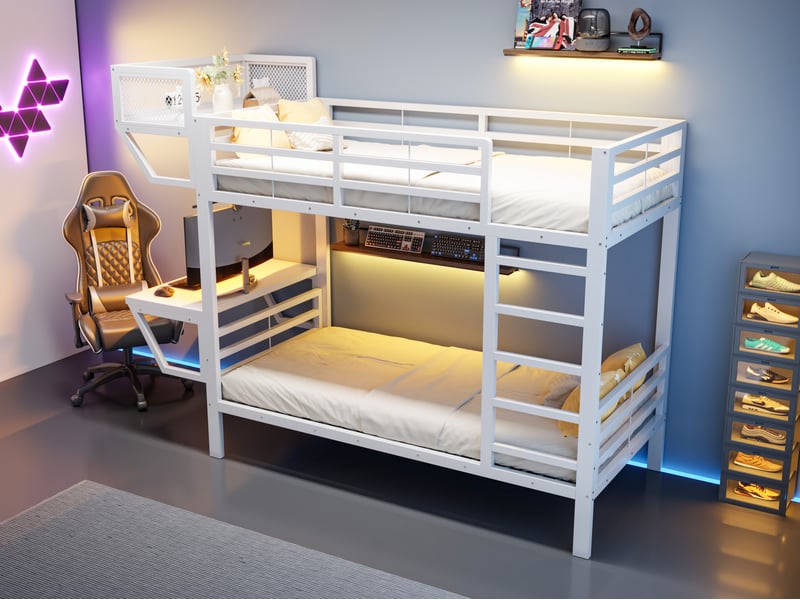  Lit superposé 90x200cm, avec bureau et étagères, sommier à lattes, pour enfants, ado et adultes, blanc  - Conforama B