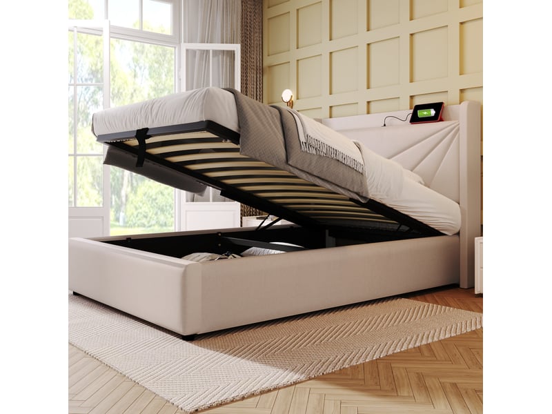  Lit coffre 90 × 200 cm 1 place avec usb, type-c et tête de lit, matelas inclus, en coton et lin beige  - Conforama C