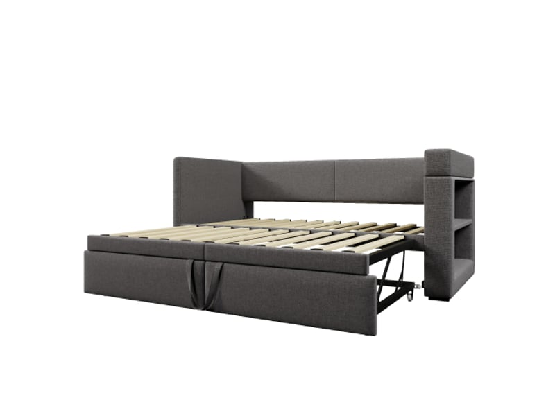 Lit gigogne 90x200 cm, lit enfant avec prise usb et porte-gobelet, tissu en coton et lin, gris, sans matelas - Conforama E