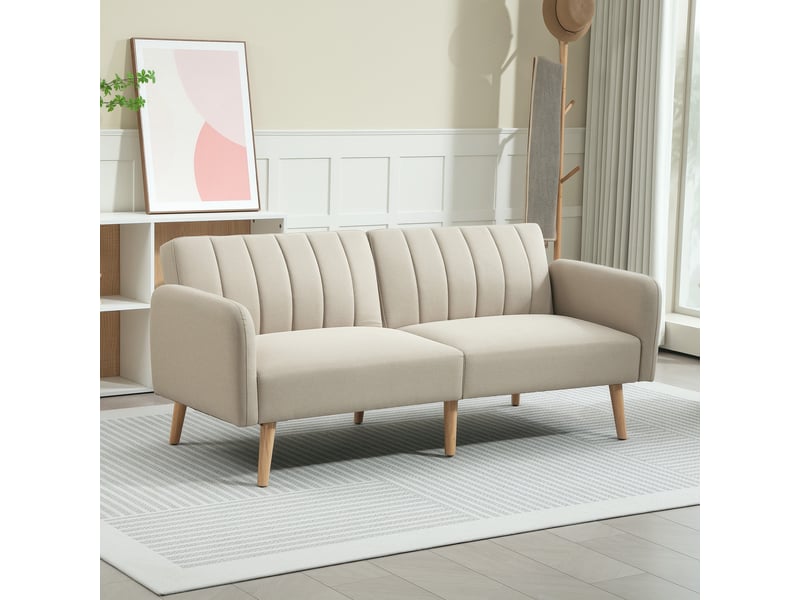  Canapé convertible 2 places design scandinave dossier inclinable 3 positions pieds bois tissu aspect lin beige  - Conforama B