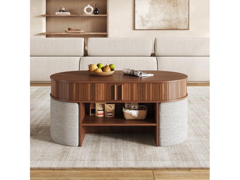  Table basse ovale avec rangement et 2 poufs en tissu, 120 x 60 cm, noyer  - Conforama D