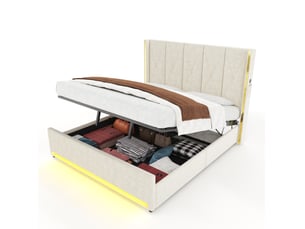 Lit coffre 180 x 200 cm en velours beige avec led, ports usb et type-c