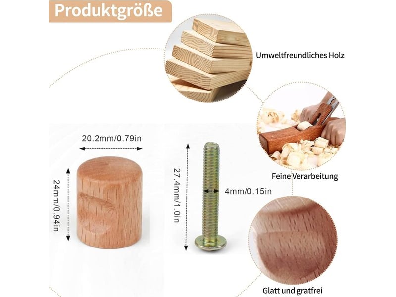  Jeu de 10 poignées de bois pour meubles, 24x20 mm, avec vis.  - Conforama C