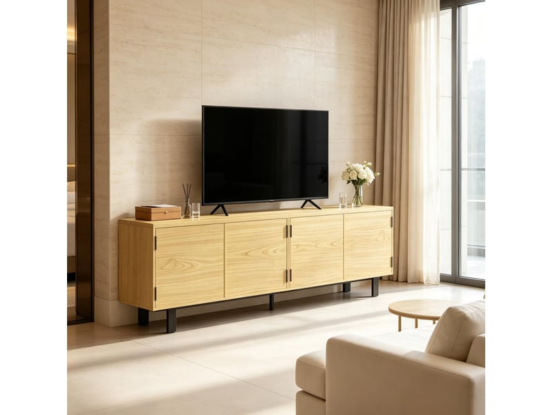  Banc tv 180x35x55,5 cm avec 4 portes à pression, panneau de particules métal couleur naturel  - Conforama B