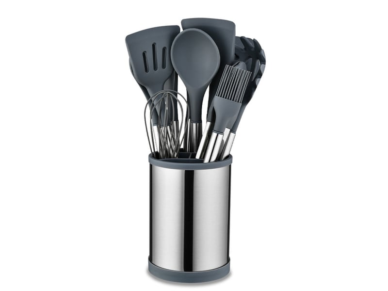  Ensemble de 12 ustensiles de cuisine en acier inoxydable et silicone avec seau de rangement rotatif, gris  - Conforama A