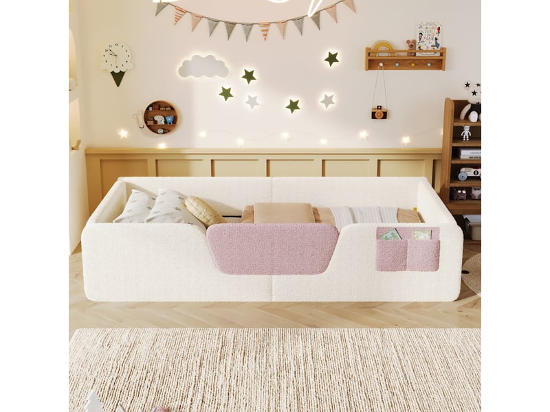 Lit enfant rembourré 90x190 cm en velours avec barrières de sécurité amovibles, poche de rangement intégrée et sans matelas - beige - Conforama B