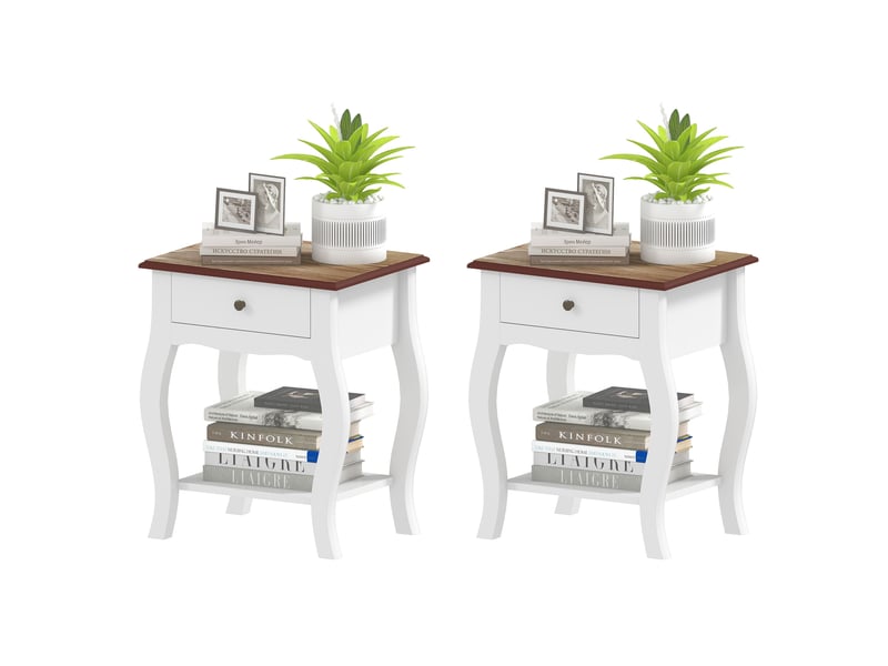  Lot de 2 tables de chevet avec tiroir, étagère ouverte et plateau effet chêne, style français, 45 x 35 x 55 cm, blanc et chêne  - Conforama B