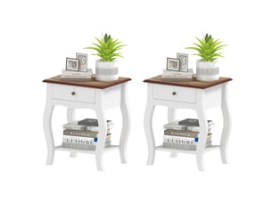 Lot de 2 tables de chevet avec tiroir, étagère ouverte et plateau effet chêne, style français, 45 x 35 x 55 cm, blanc et chêne