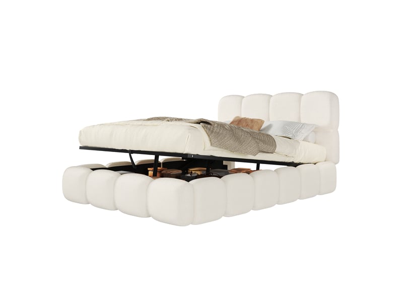 Lit coffre 140x200 cm rembourré avec rangement hydraulique, sommier à lattes et tête de lit capitonnée, tissu bouclé, blanc Sol Morn - Conforama A