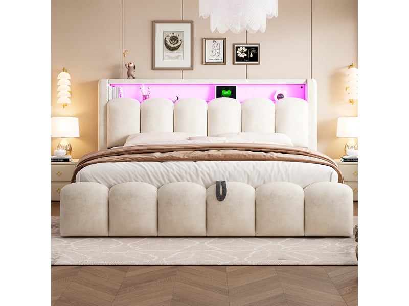  Lit coffre rembourré 180x200 cm coloris beige led velours lit adulte beige - Conforama D