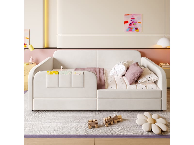 Lit enfant 90x200 cm, lit de repos, tiroirs, poches latérales, sommier, velours blanc, sans matelas - Conforama B