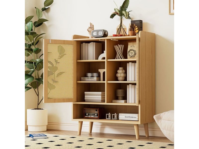  Meuble à chaussures rotin 80 cm - 5 étagères, ouverture sans poignée &amp; coins arrondis - pieds 15 cm compatible robot - style naturel 80x35x105cm - Conforama C
