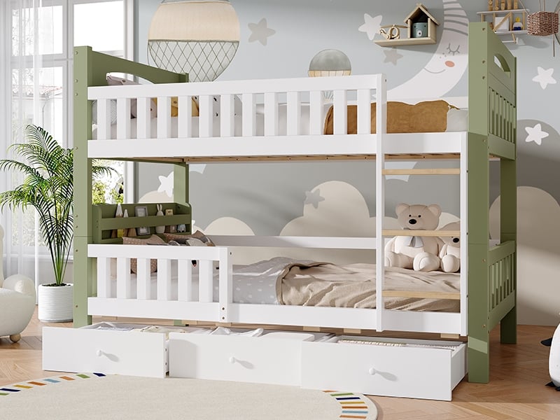  Lit superposé enfant 90 x 200cm, avec échelle, barrière de sécurité surélevée, étagère latérale et 3 tiroirs,  blanc et vert  - Conforama B