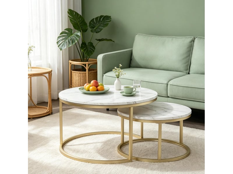 Lot de 2 tables basses gigognes rondes en mdf effet marbre blanc - Conforama D