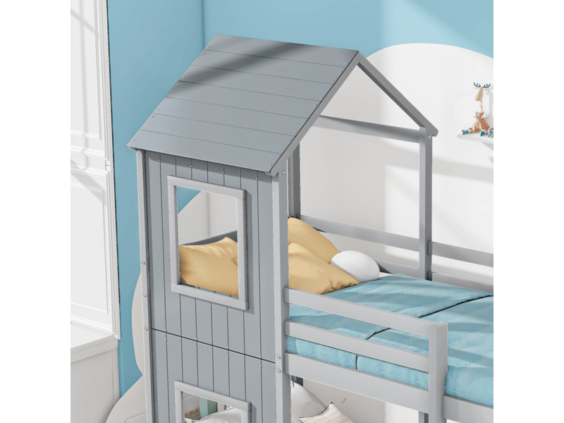  Lit cabane enfant 90 × 200 cm 1 place avec barrière de sécurité et baldaquin, sans matelas, en pin gris  - Conforama E