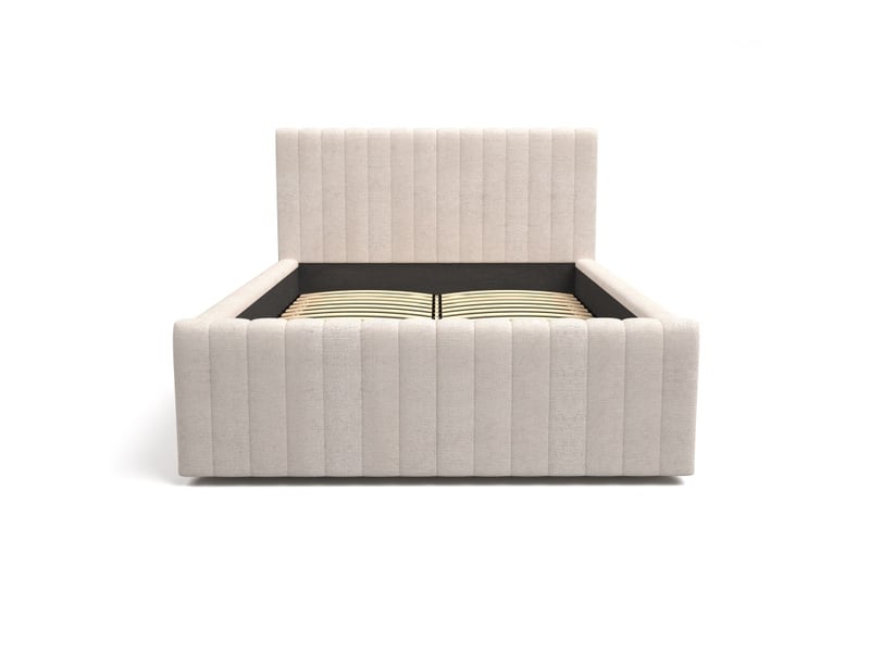Lit coffre eloria 160x200 en tissu bouclé beige avec tête de lit capitonnée et sommier inclus - Conforama E