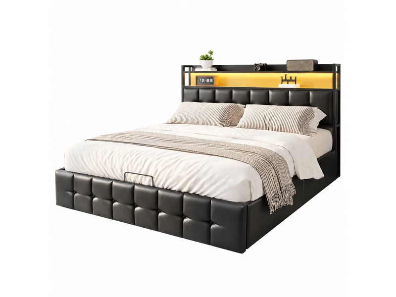  Lit cadre de rangement 140×200cm, avec rangement à assistance hydraulique, lit revêtu en pu noir, tête de lit avec éclairage led et port usb, lit double moderne, matelas non inclus 231213GY0401#ADHWnJiFfkFRHF - Conforama A