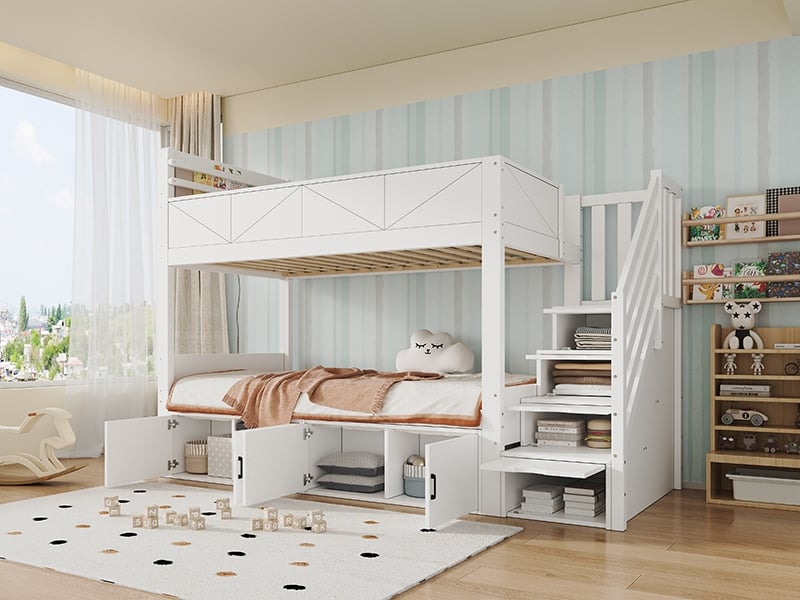  Lit superposé 90x200cm, avec escalier de rangement, compartiments sous lit, barrière haute et étagère à livres, blanc  - Conforama B