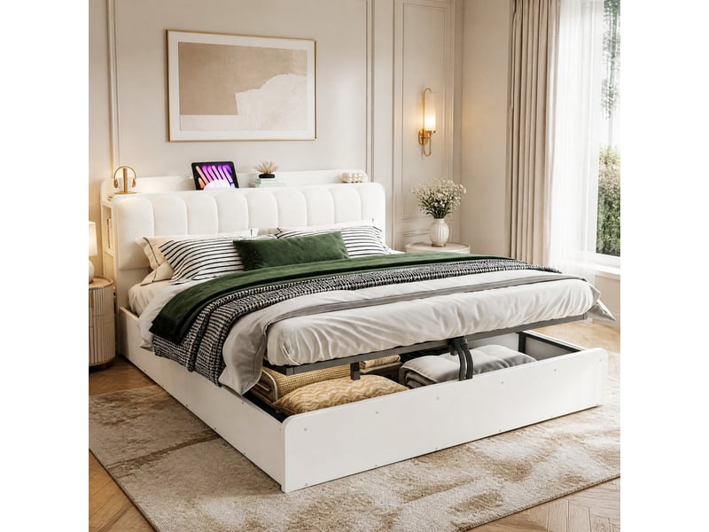  Lit coffre 180x200 cm en bois, rangement hydraulique et tête de lit rembourrée, blanc  - Conforama B