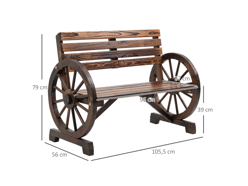  Banc de jardin 2 places en bois marron avec accoudoirs roues de chariot, style rustique pour terrasse  - Conforama C