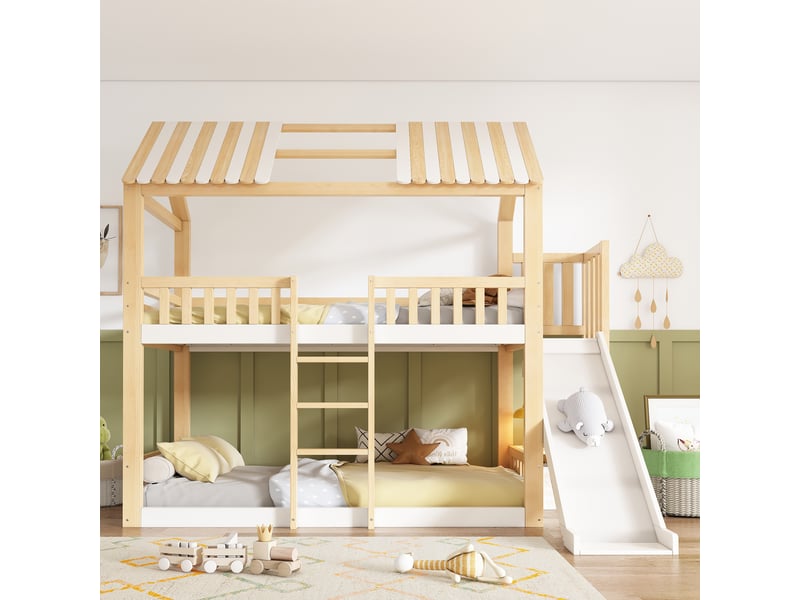  Lit superposé enfant 90x200 cabane avec toboggan et étagère, blanc et bois, pour deux enfants  - Conforama B