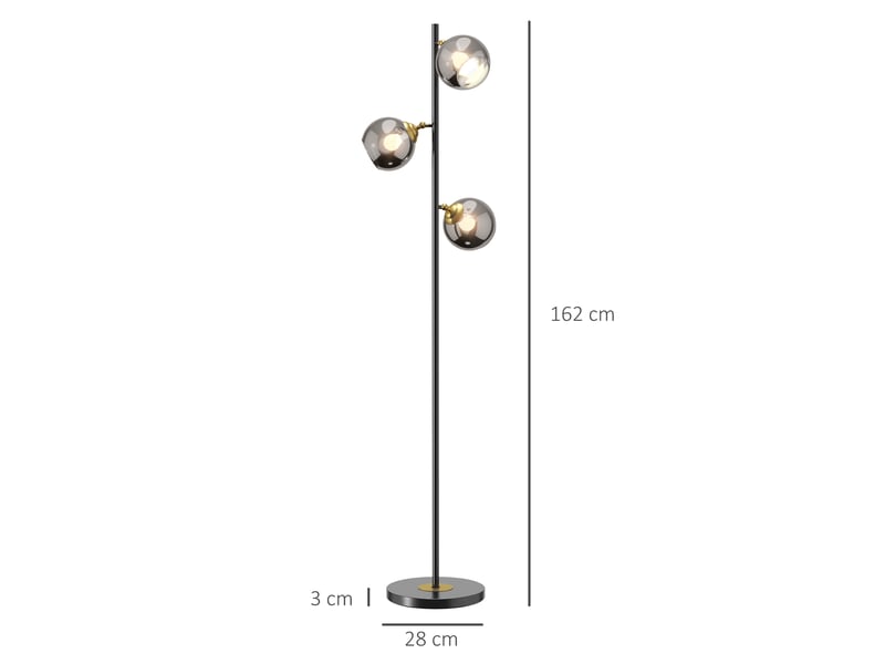  Lampadaire sur pied salon en métal avec 3 abat-jours globe métal chromé 40w ø 36 x 162h cm noir et gris  - Conforama E