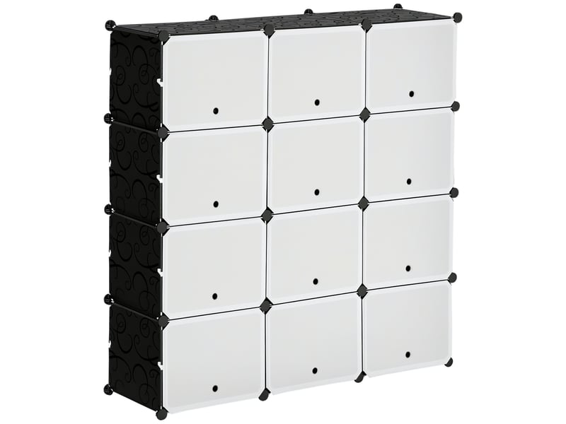  Système d'étagères modulaires, étagère à emboîter, composée de 12 cubes de 125 x 32 x 125 cm, plastique et acier noir.  - Conforama A