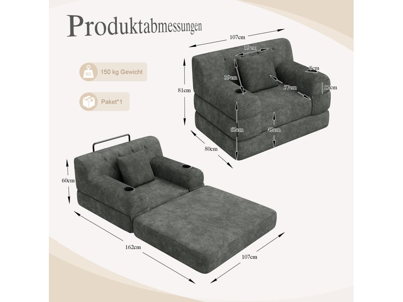 Fauteuil convertible compressé 1 place en velours côtelé gris foncé avec 2 porte-gobelets - Conforama C