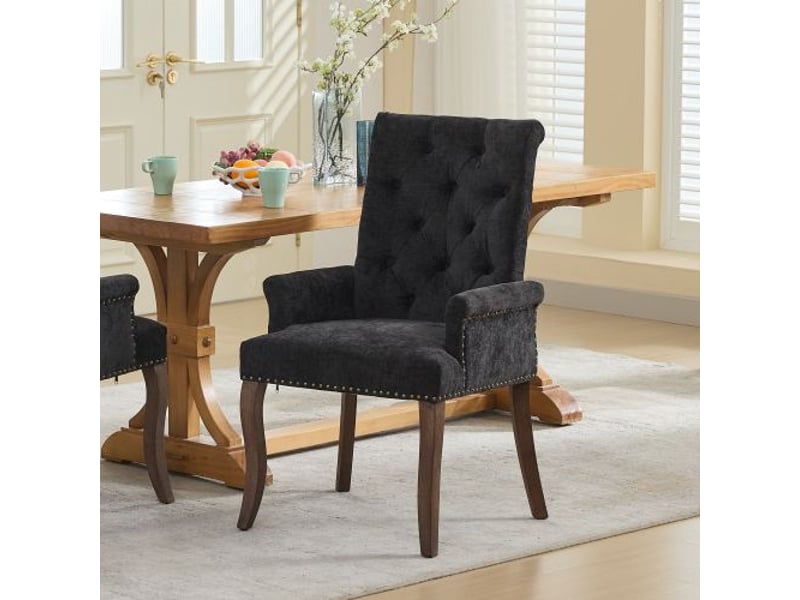 Chaise de salle à manger capitonnée en velours chenille gris charbon - pieds bois courbés - pièce unique de1895bk - Conforama B
