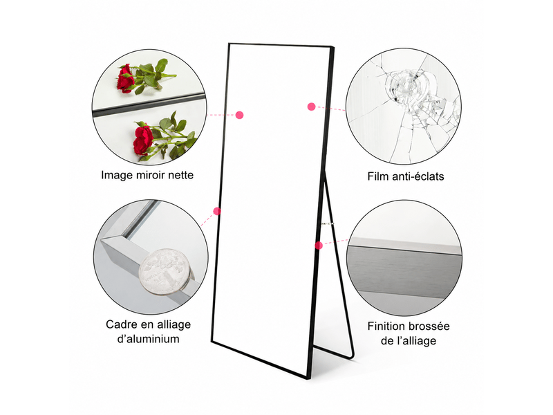  Miroir complet rectangulaire 150 × 40 cm, miroir de sol sur pied avec support, miroir décoratif pour chambre à coucher, salle de bain, entrée, couloir, noir  - Conforama E