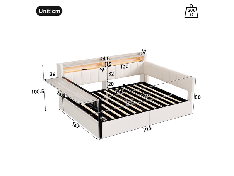 Lit coffre hydraulique 140x200 cm avec  led, table rabattable et usb-c, velours blanc, structure mdf, sans matelas  - Conforama C