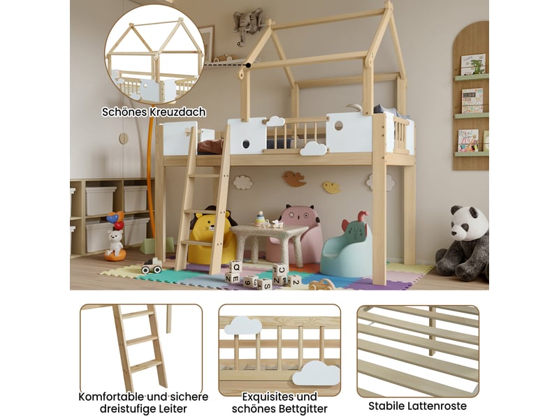  Lit mezzanine enfant 200×90 cm avec toit, garde-corps et échelle inclinée à 3 marches, sans matelas, blanc et bois naturel  - Conforama E