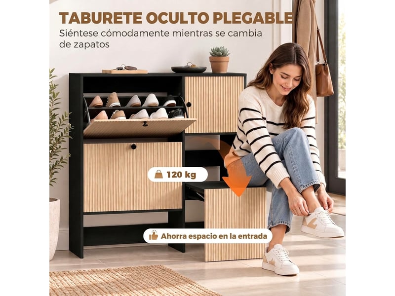  Meuble à chaussures étroit effet chêne, 2 tiroirs rabattables, tabouret dissimulé, 8 à 10 paires  - Conforama R