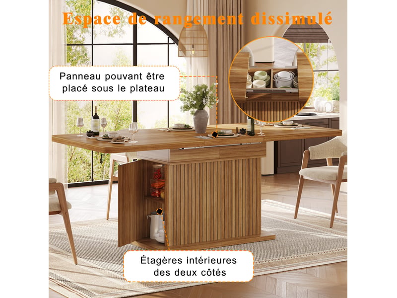 Table de salle à manger extensible 120-160x80x76 cm, rangement caché, relief vertical, multifonction, mdf, marron foncé - Conforama E