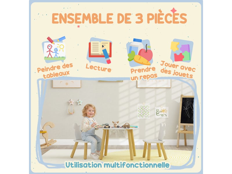  Ensemble 1 table ronde, 2 chaises pour enfant 3 pièces, dossier en forme d'ours, activités, bricolage, 3-6 ans, repas  - Conforama R