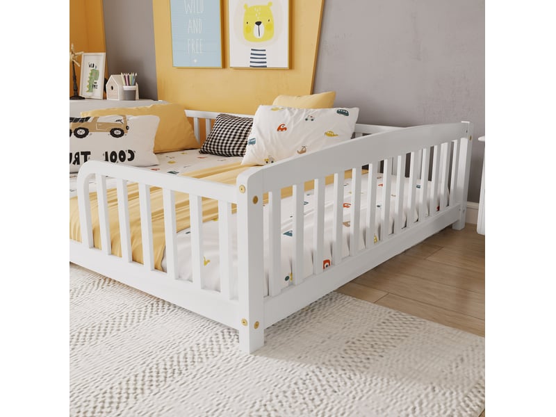  Lit au sol enfant 140x200 cm en pin blanc avec barrières de sécurité  - Conforama D
