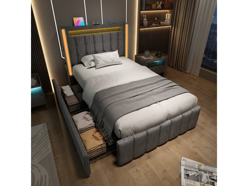  Lit simple 90x200 cm avec rangements, port usb, type-c, led et 2 tiroirs, style moderne, lin gris, sans matelas  - Conforama B