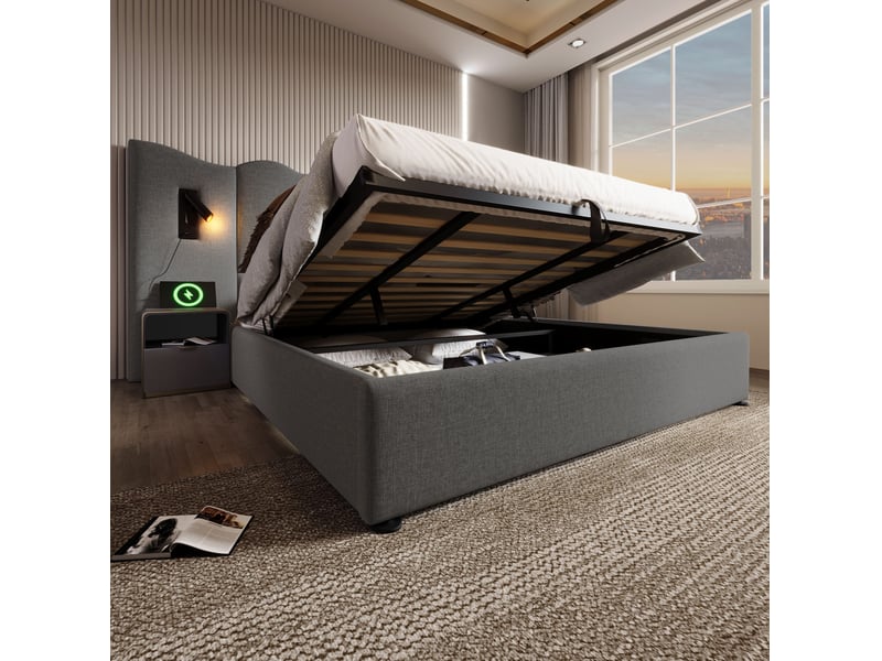  Lit coffre 2 places 180x 200 cm, bois et métal gris sans matelas, doté de lampe de lecture orientable et ports usb-c  - Conforama E