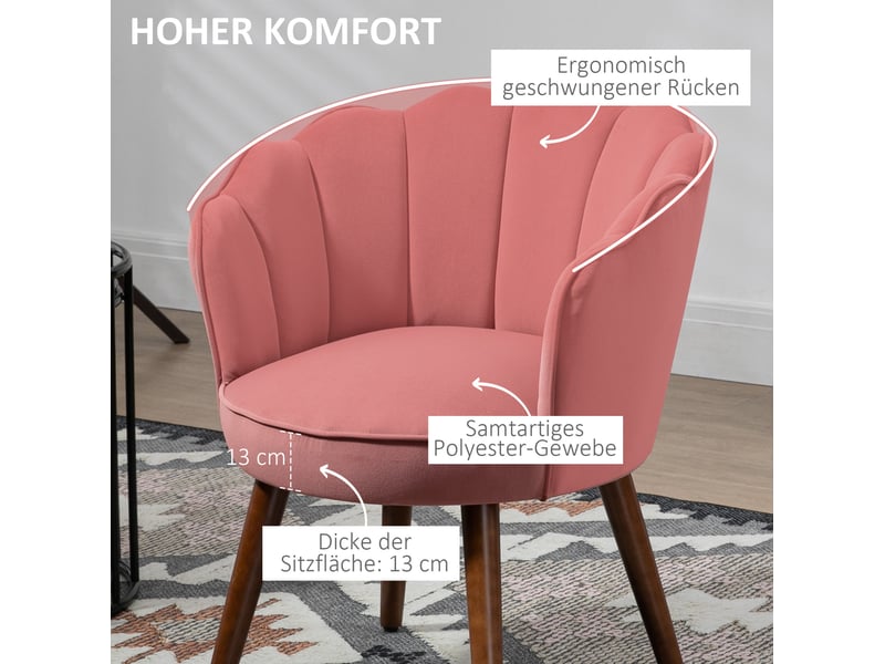  Fauteuil avec accoudoirs et dossier en forme de lotus, assise rembourrée, pieds en bois d’hévéa, polyester rose  - Conforama E