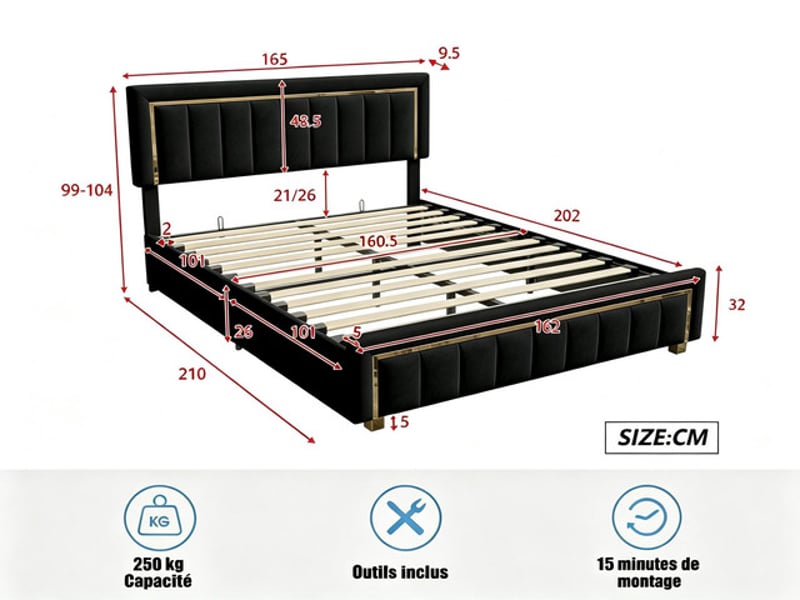 Lit coffre 160x200 cm ezssw, coloris noir - Conforama C