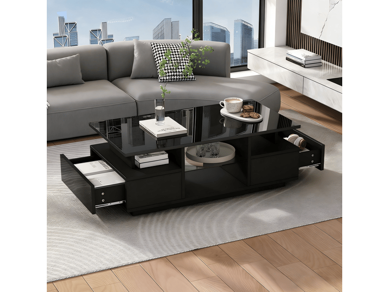  Table basse led 100 x 50 x 36 cm noire brillante – 2 tiroirs, rangements ouverts et style moderne  - Conforama B