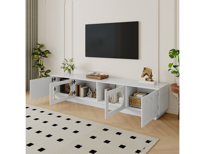  Meuble tv 200 cm en blanc, led contrôlée par app, portes vitrées ovales, passe-câbles  - Conforama D