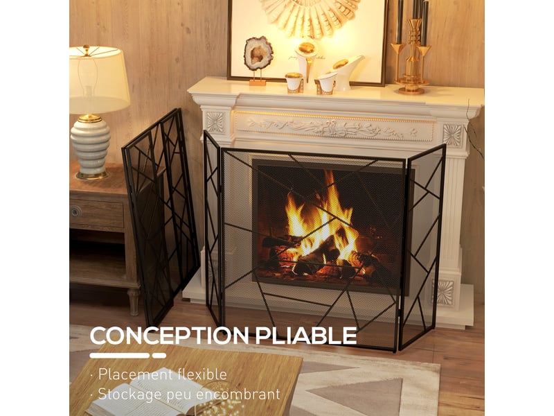  Pare feu cheminée pliable 3 panneaux en acier avec décor géométrique et pieds antidérapants, 135l x 1,2p x 85h cm, noir  - Conforama E