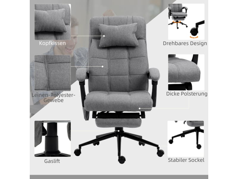  Chaise de bureau ergonomique massante, chauffage lombaire, repose-pieds, gris, 66x76x112-120 cm  - Conforama D