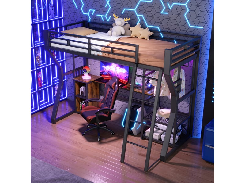 Lit mezzanine 90 × 200 cm 1 place avec bureau, penderie, étagères, prise et led réglable, sans matelas - Conforama C