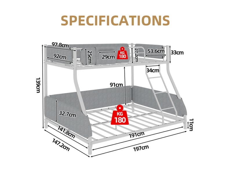  Lit superposé 90x190 et 140x190 cm, poche en lin amovible, barrières rembourrées, fer, blanc ancien, sans matelas  - Conforama C